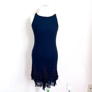 Vintage Y2K Whimsigoth Silk Beaded Dress Size 12 Black Fairy Sheer Whimsy Tiered